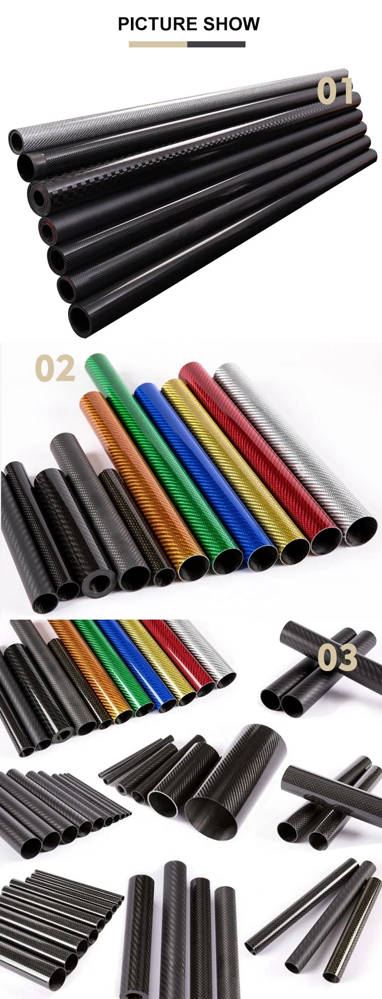 China Factory Custom 3K Rolled Carbon Fibre Tube Pipe 20mm 21mm 22mm 23mm 24mm 25mm 26mm 27mm 28mm 29mm 30mm